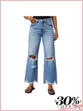 High-Rise Ripped Bell Bottom Jeans Distressed Raw Edge Wide Leg Denim